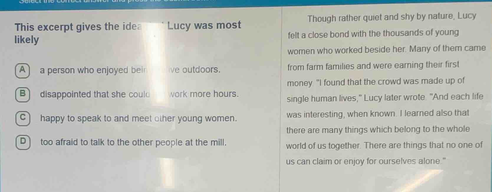 this excerpt gives the idea lucy was most likely a a person who enjoyed…