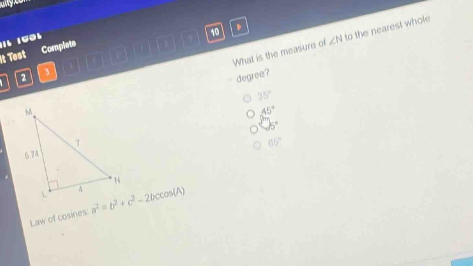 what is the measure of ∠n to the nearest whole degree? 35° 45° 55° 65° …