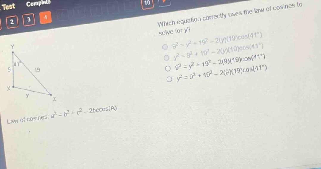which equation correctly uses the law of cosines to solve for y? law of…