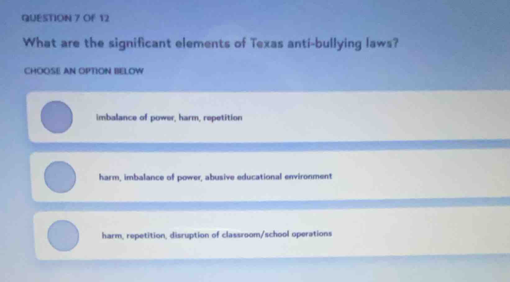 question 7 of 12 what are the significant elements of texas anti - bull…