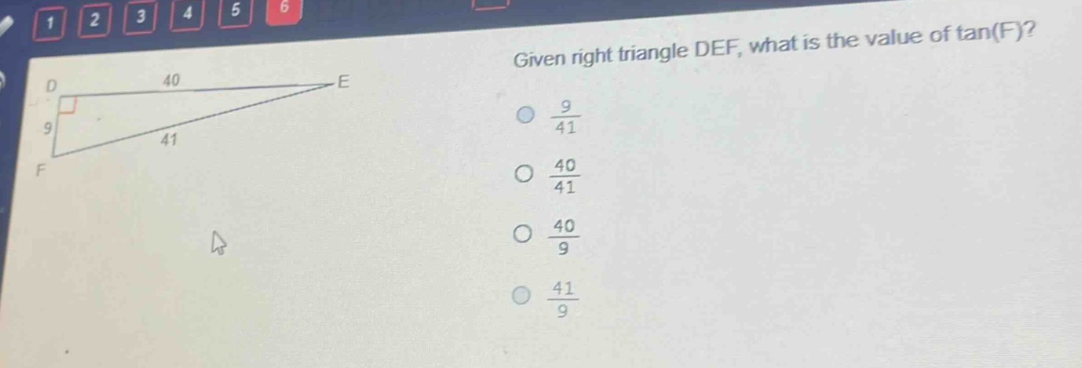 given right triangle def, what is the value of tan(f)? options: $\\frac…