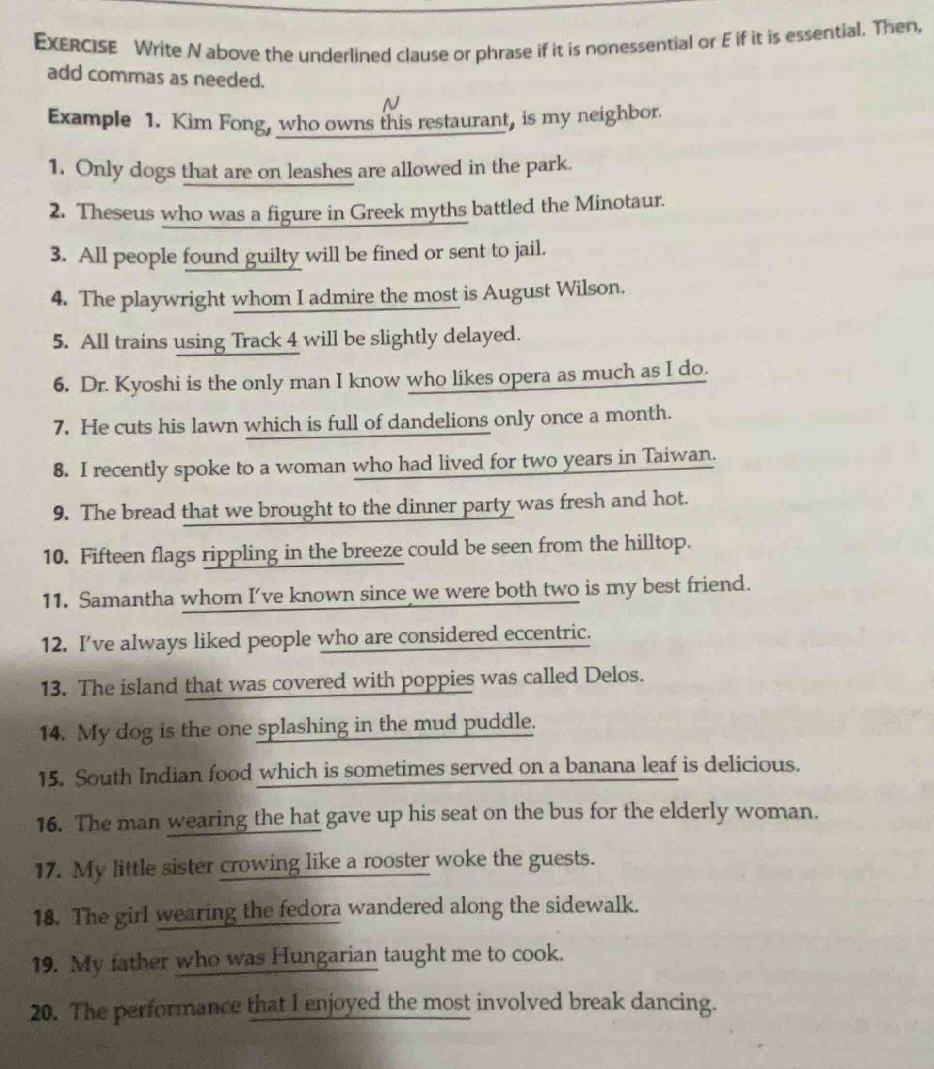 exercise write n above the underlined clause or phrase if it is nonesse…