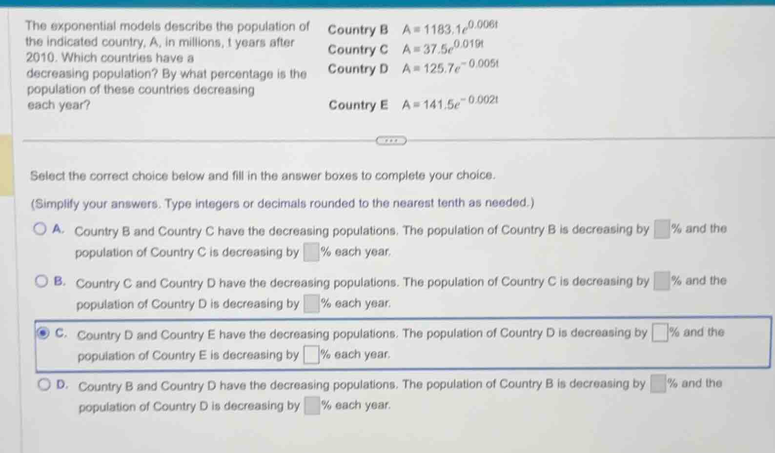 the exponential models describe the population of the indicated country…