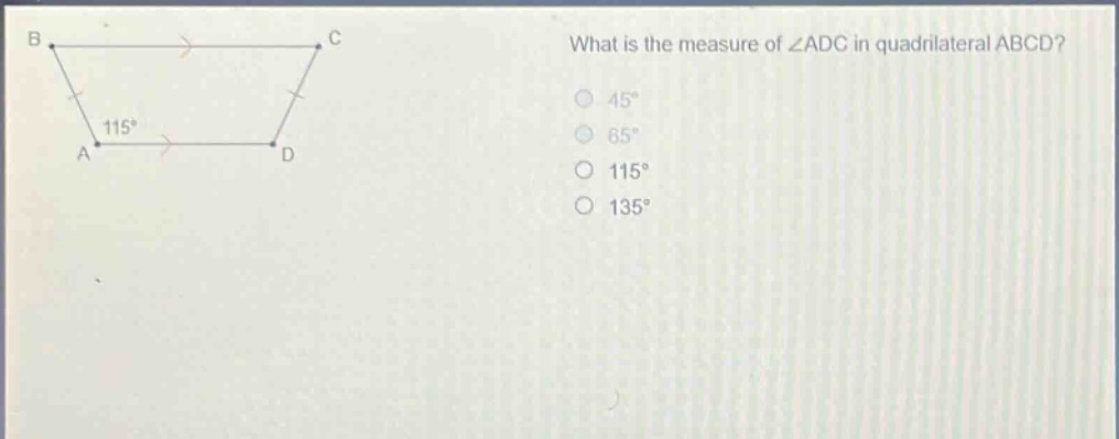 what is the measure of ∠adc in quadrilateral abcd? 45° 65° 115° 135°