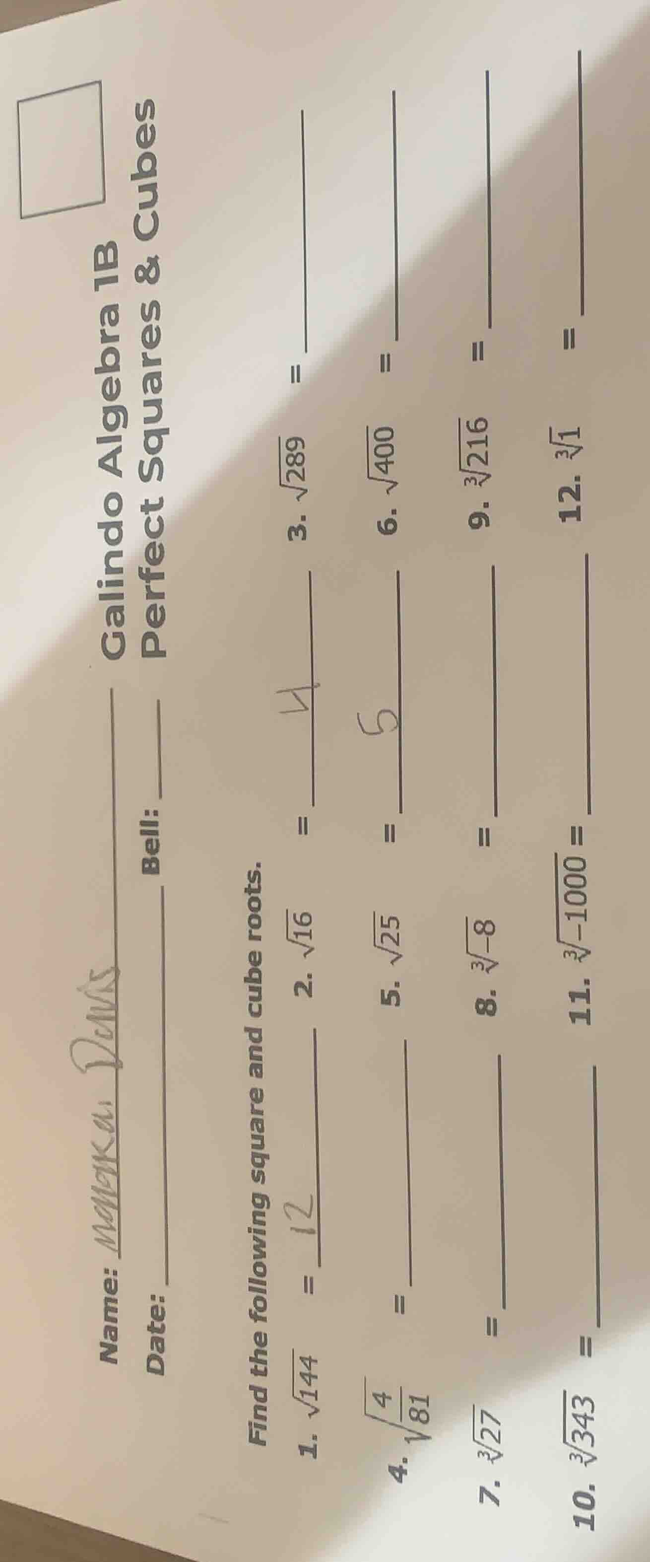 calindo algebra 1b name: date: bell: perfect squares & cubes find the f…