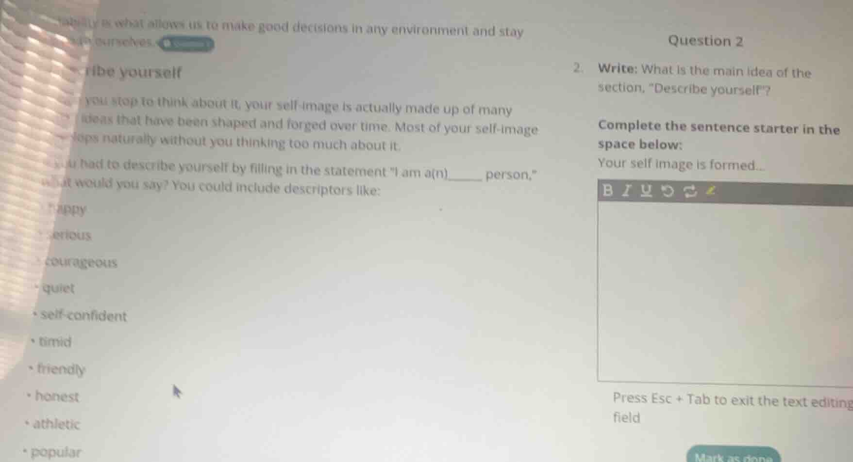 question 2 2. write: what is the main idea of the section, \describe yo…