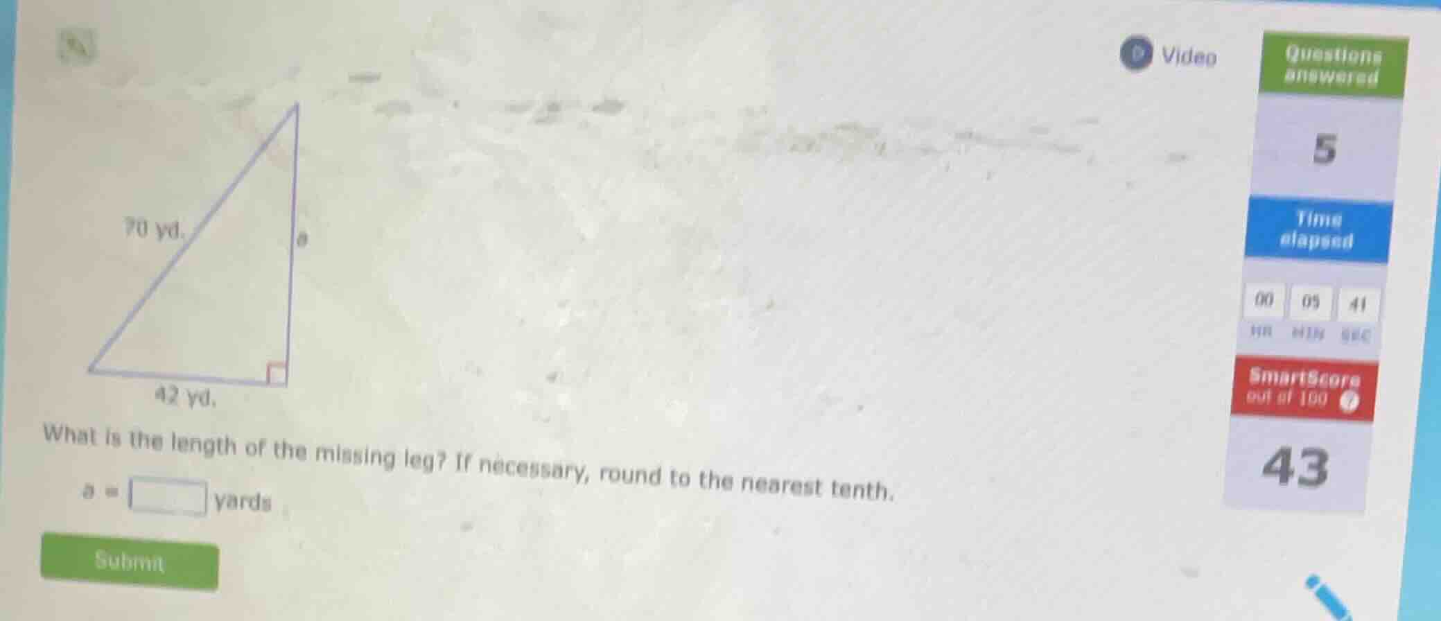 70 yd. 42 yd. what is the length of the missing leg? if necessary, roun…