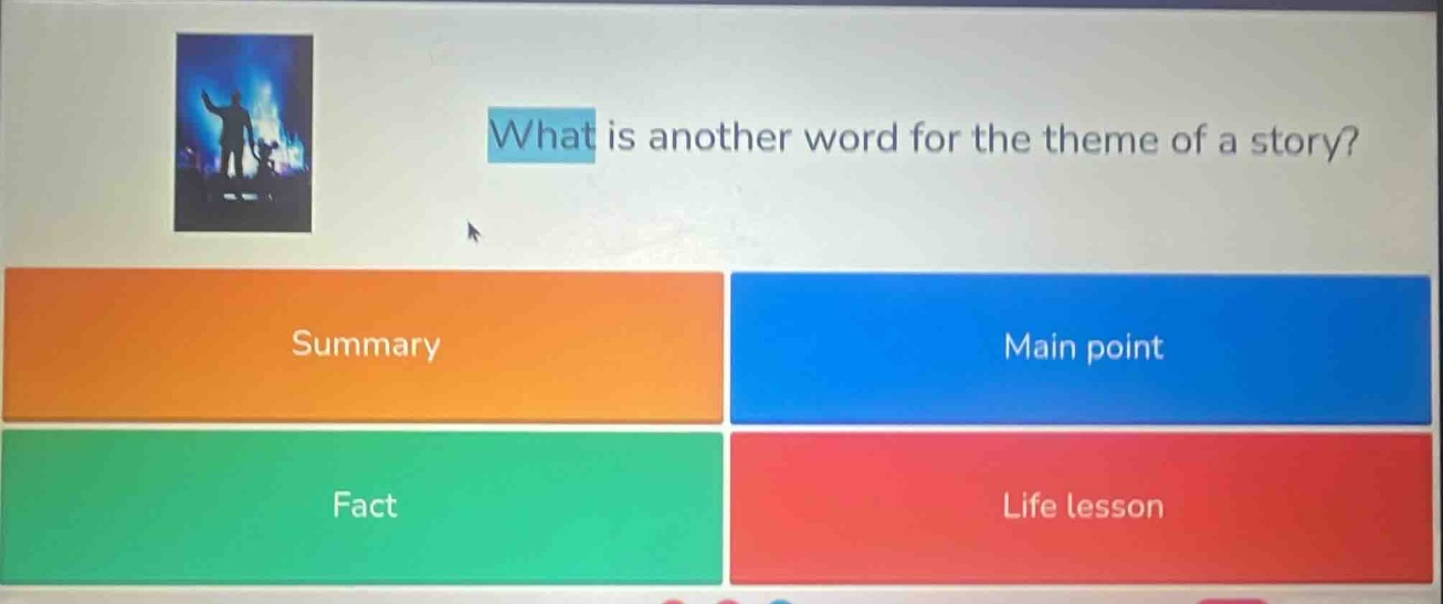 what is another word for the theme of a story? summary main point fact …