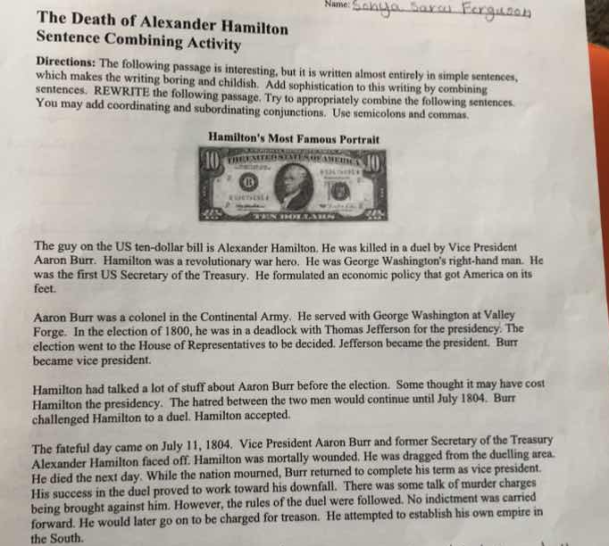 the death of alexander hamilton sentence combining activity directions:…