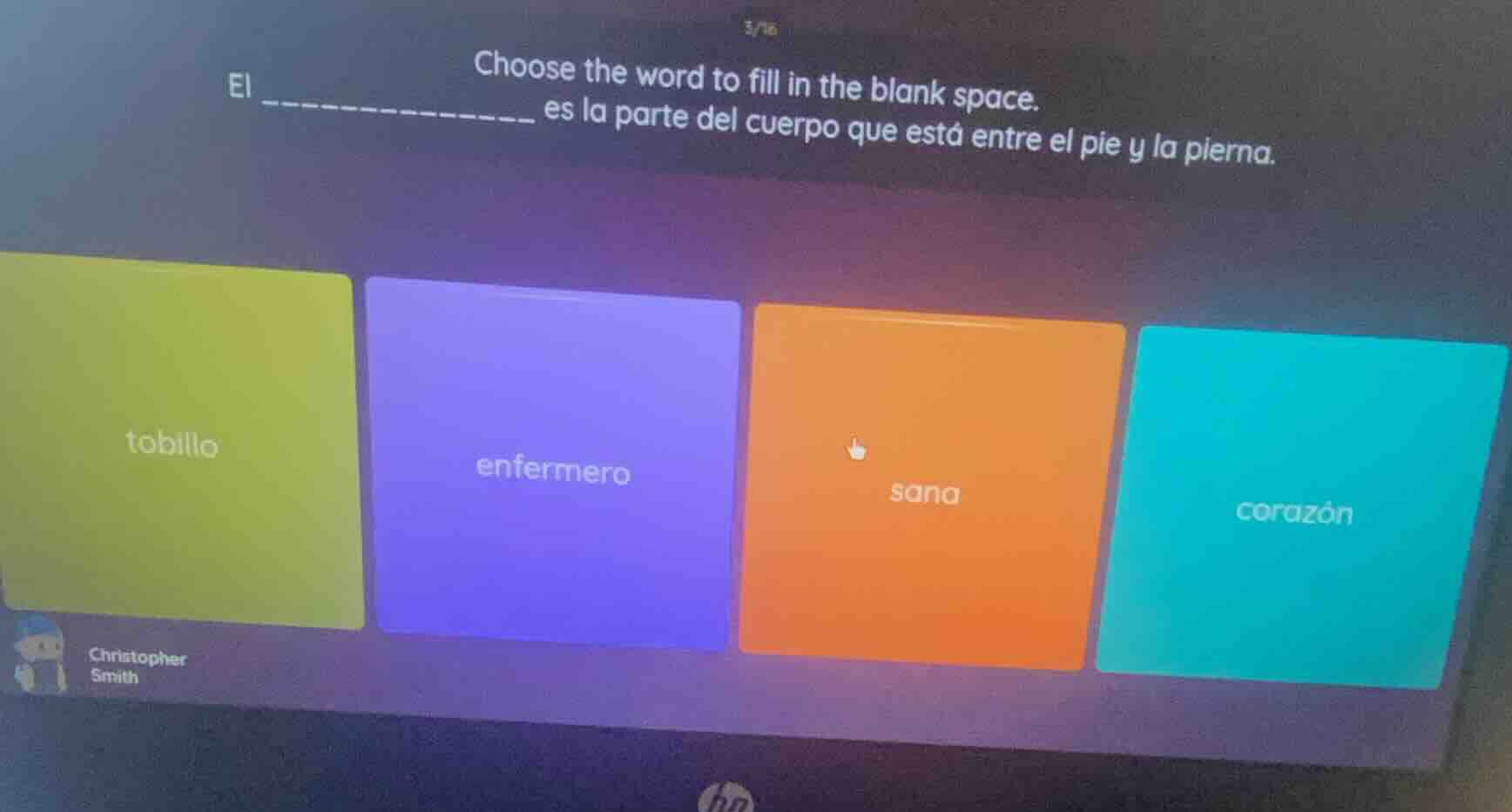 choose the word to fill in the blank space. el ____________ es la parte…