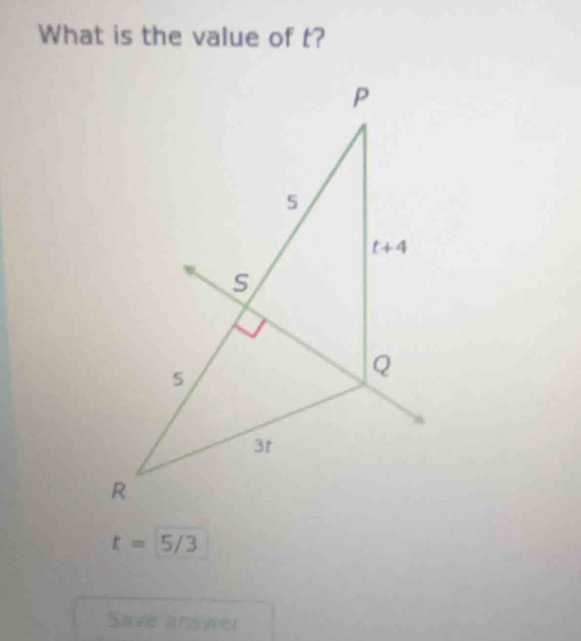 what is the value of t? p 5 s 5 r 3t q t+4