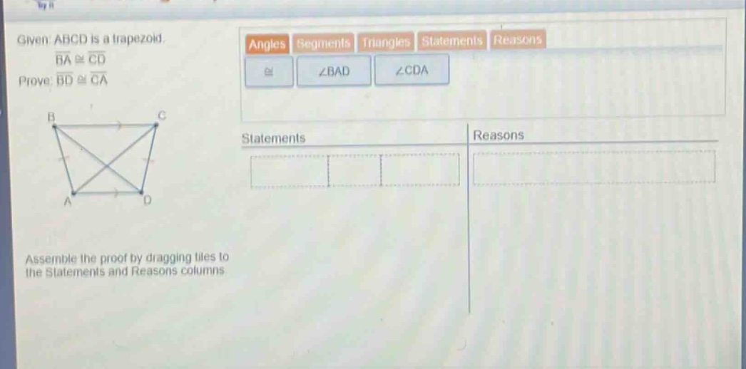 given abcd is a trapezoid, (overline{ba} cong overline{cd}) prove: (ove…