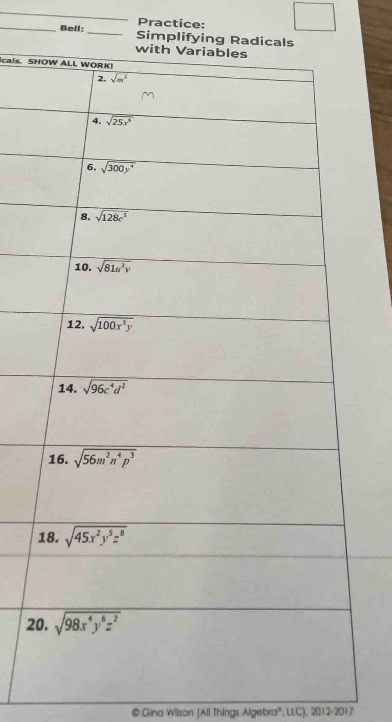 practice: simplifying radicals with variables cals. show all work! 2. \…