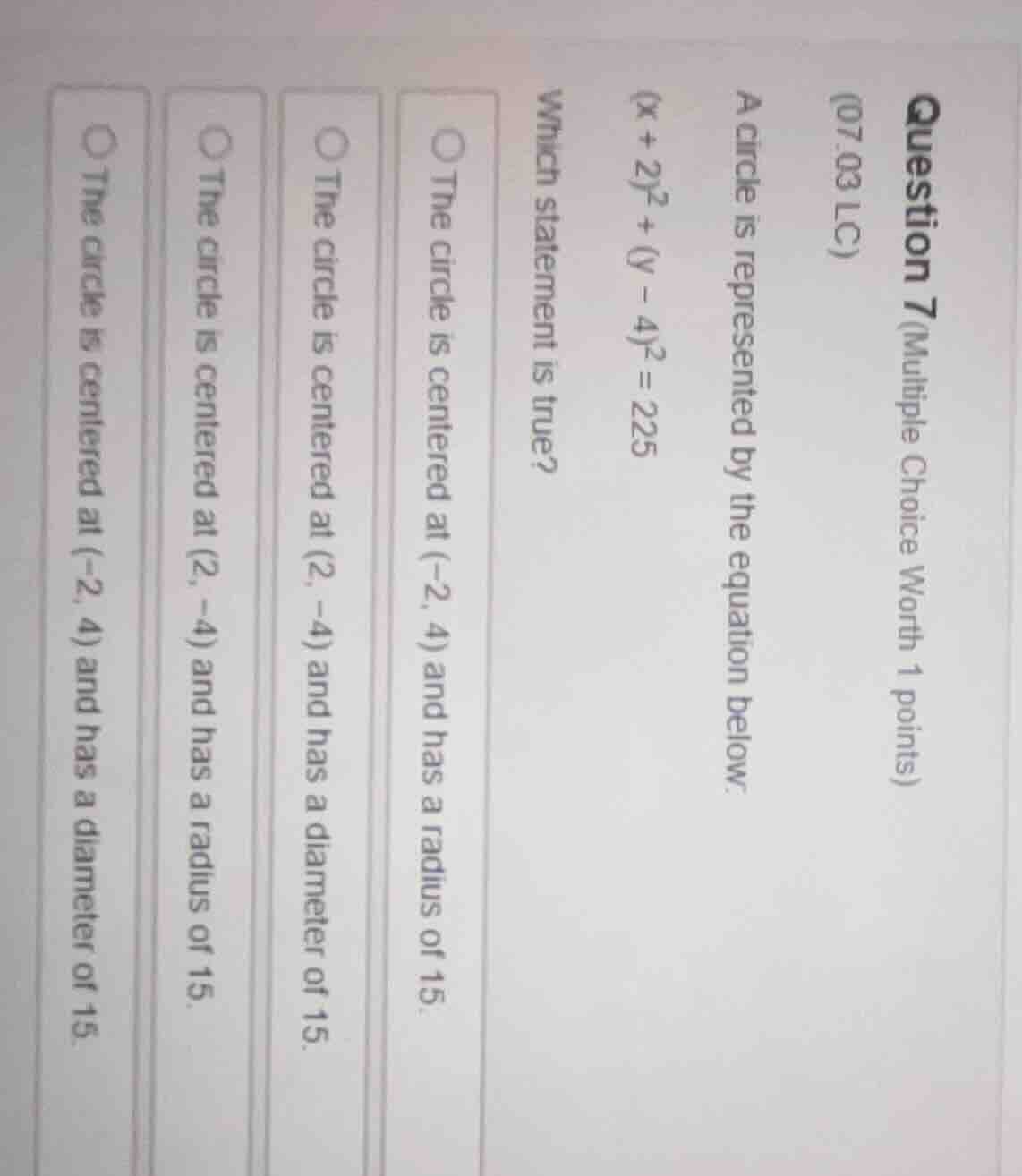 question 7 (multiple choice worth 1 points) (07.03 lc) a circle is repr…