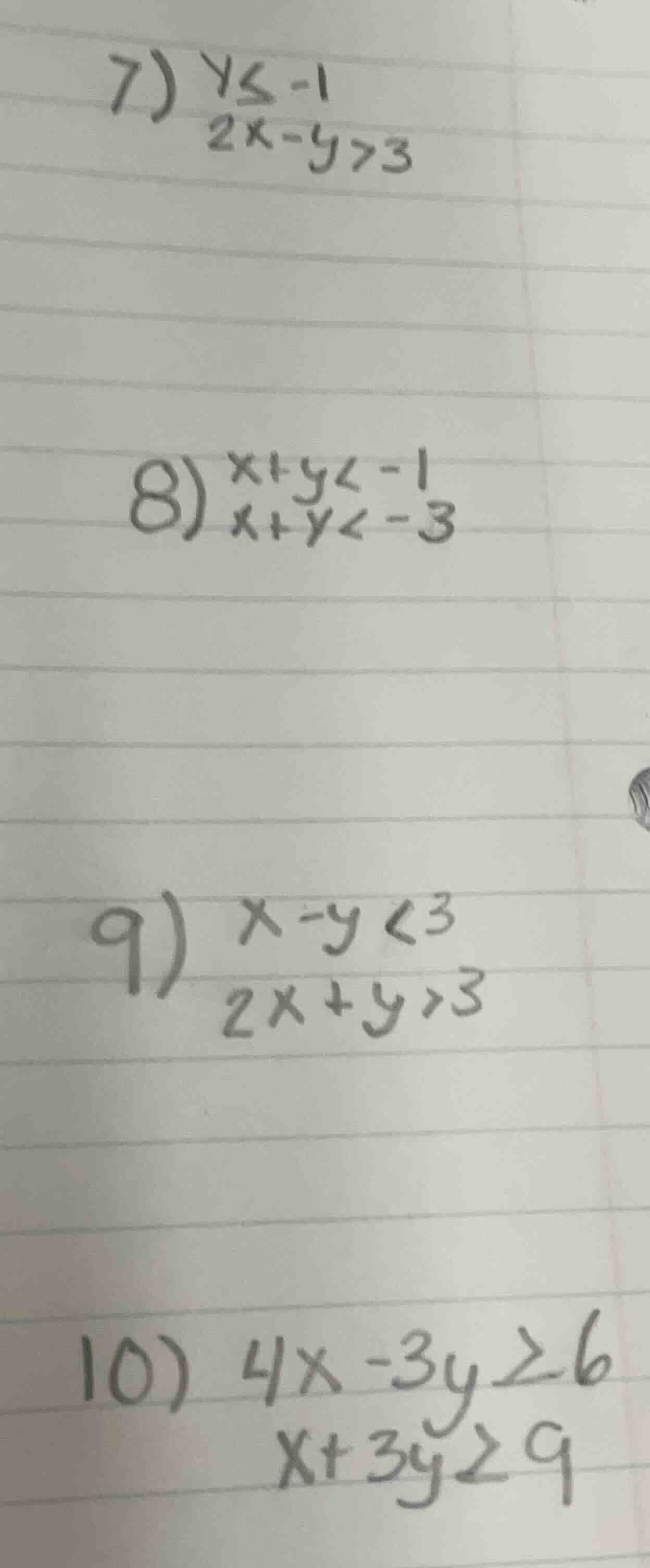 7) $yleq -1$ $2x - y > 3$ 8) $x + y < -1$ $x + y < -3$ 9) $x - y < 3$ $…