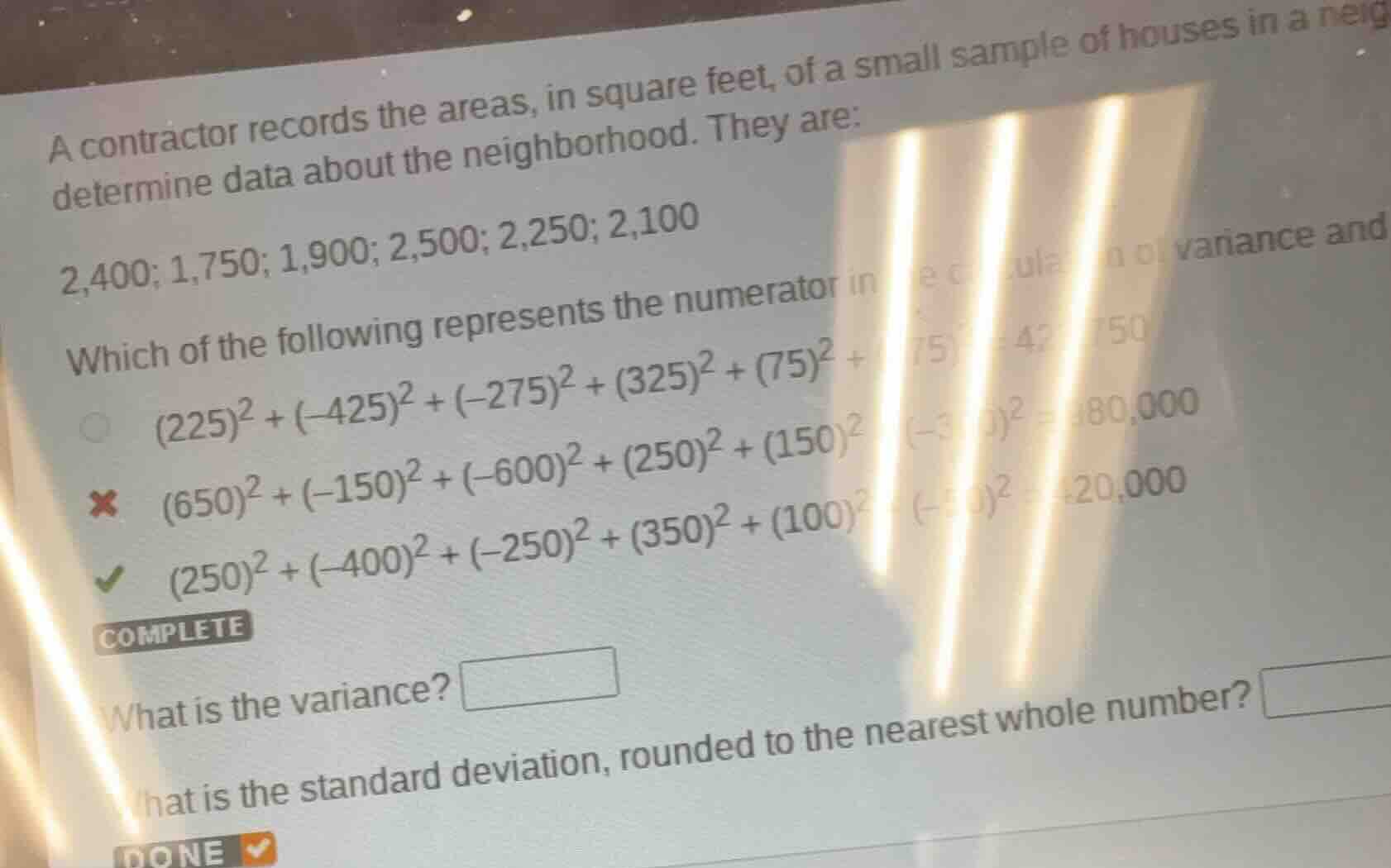 a contractor records the areas, in square feet, of a small sample of ho…