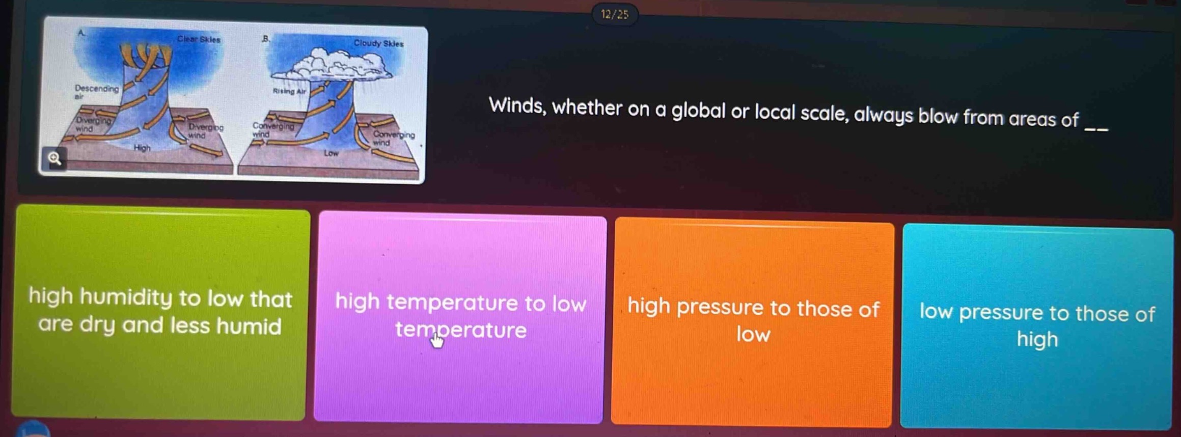 winds, whether on a global or local scale, always blow from areas of __…