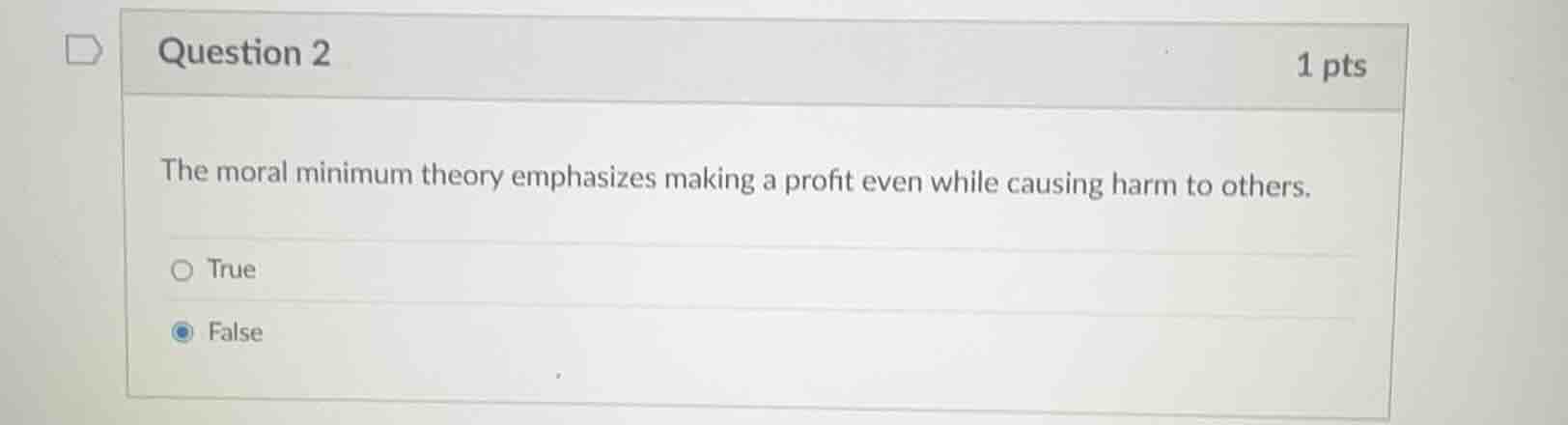 question 2 1 pts the moral minimum theory emphasizes making a profit ev…