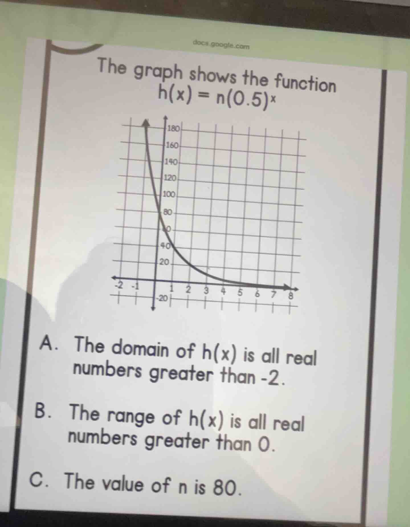 the graph shows the function h(x) = n(0.5)^x a. the domain of h(x) is a…