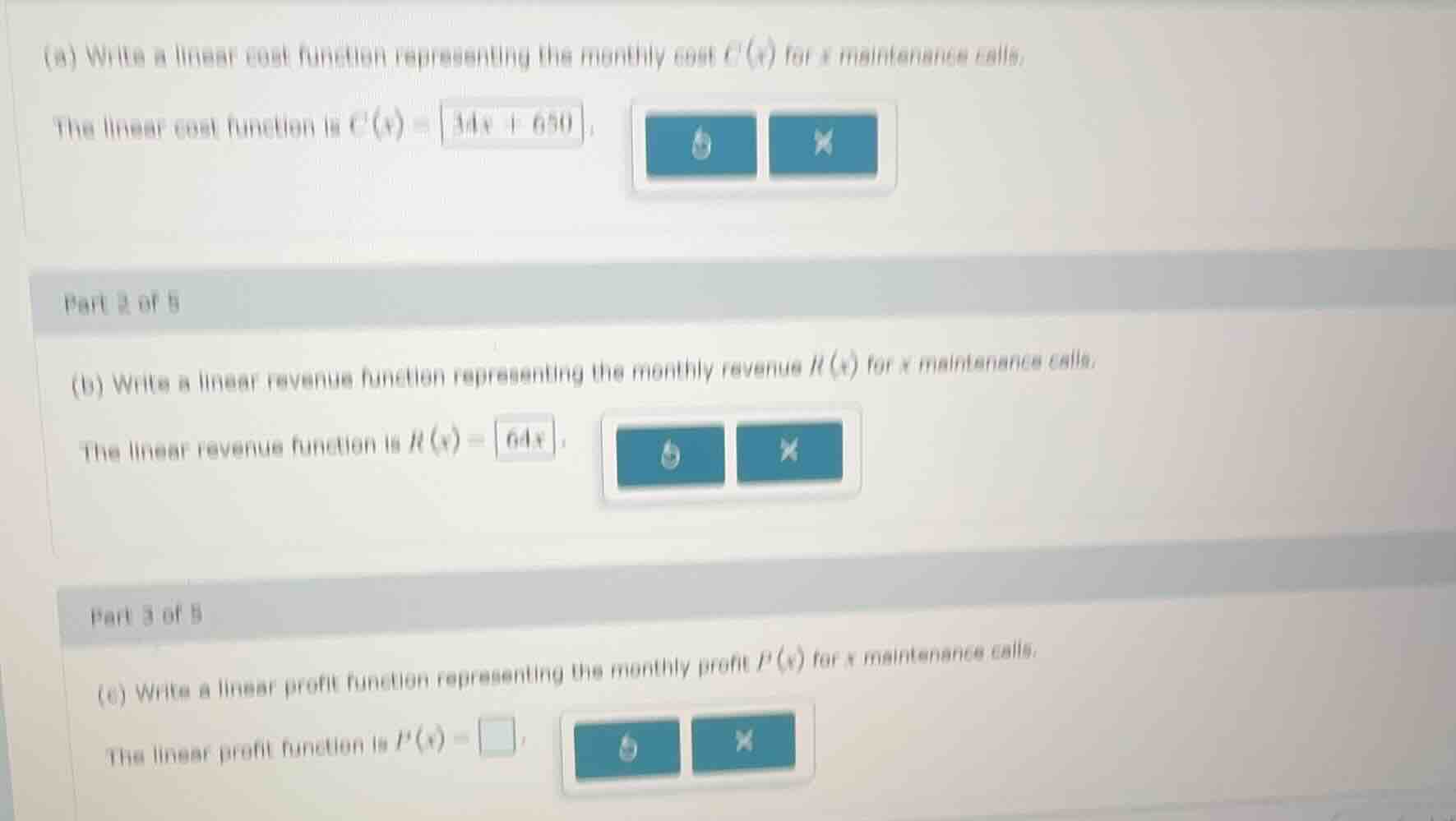 (a) write a linear cost function representing the monthly cost ( c(x) )…