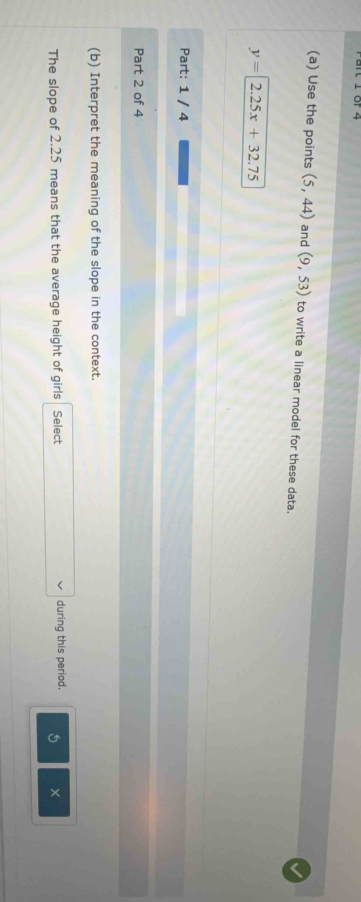 (a) use the points (5, 44) and (9, 53) to write a linear model for thes…