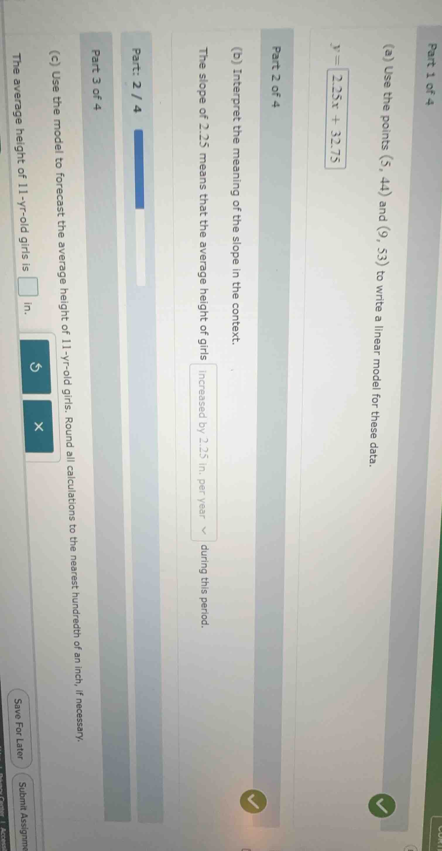 part 1 of 4 (a) use the points (5, 44) and (9, 53) to write a linear mo…