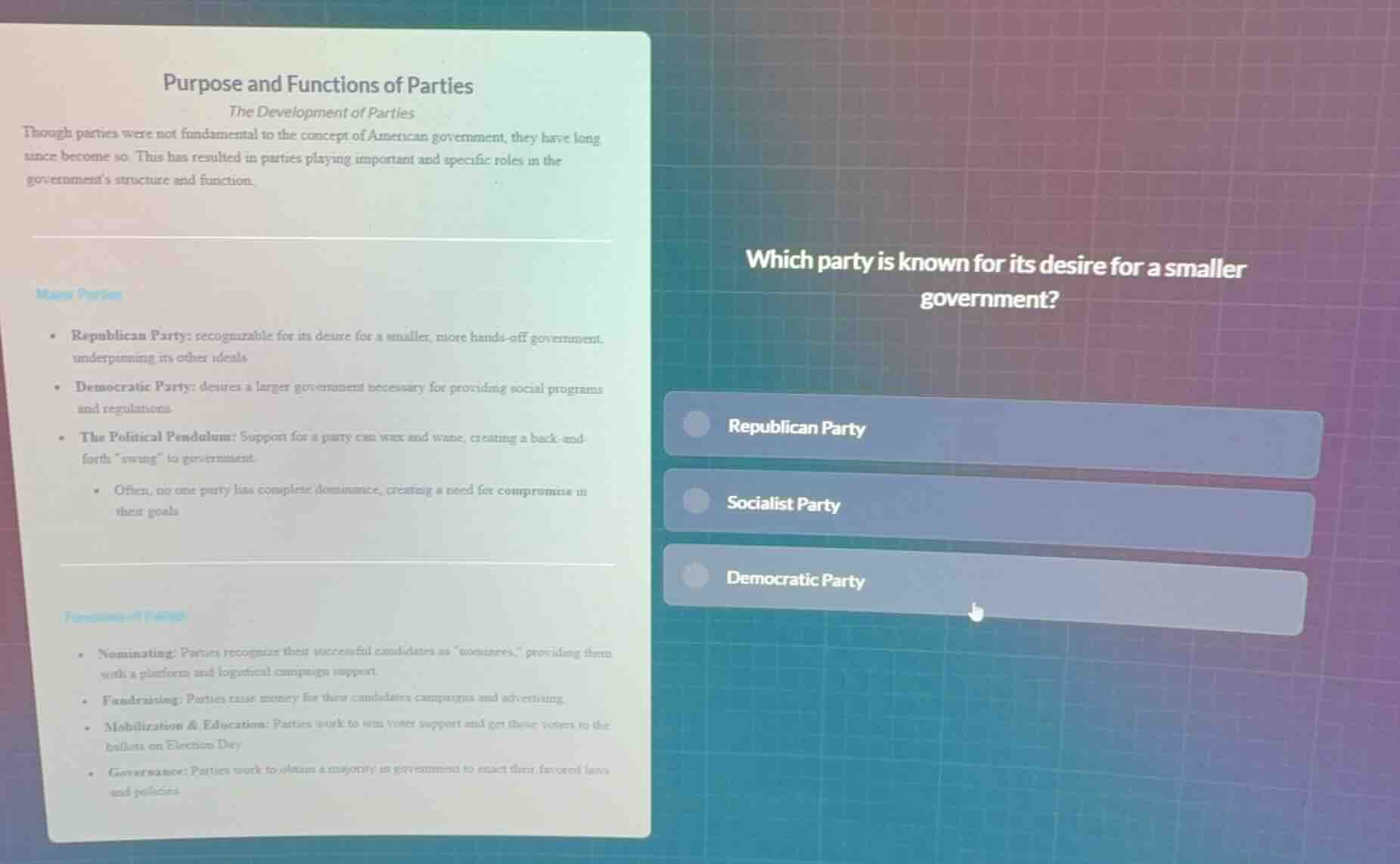 purpose and functions of parties the development of parties though part…