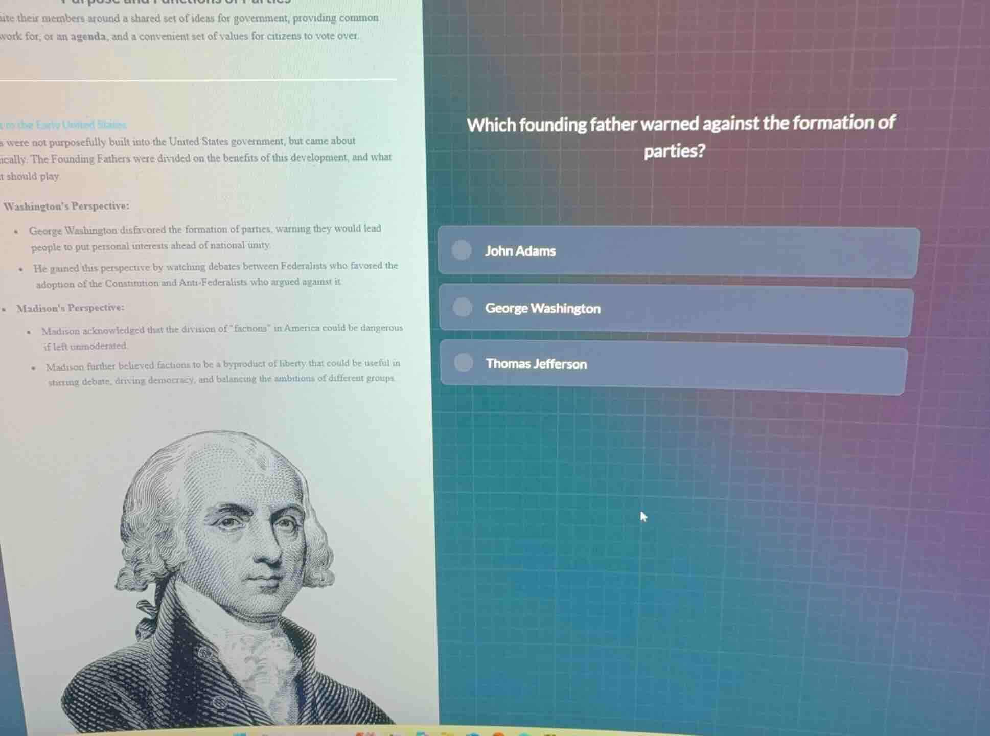 which founding father warned against the formation of parties? john ada…