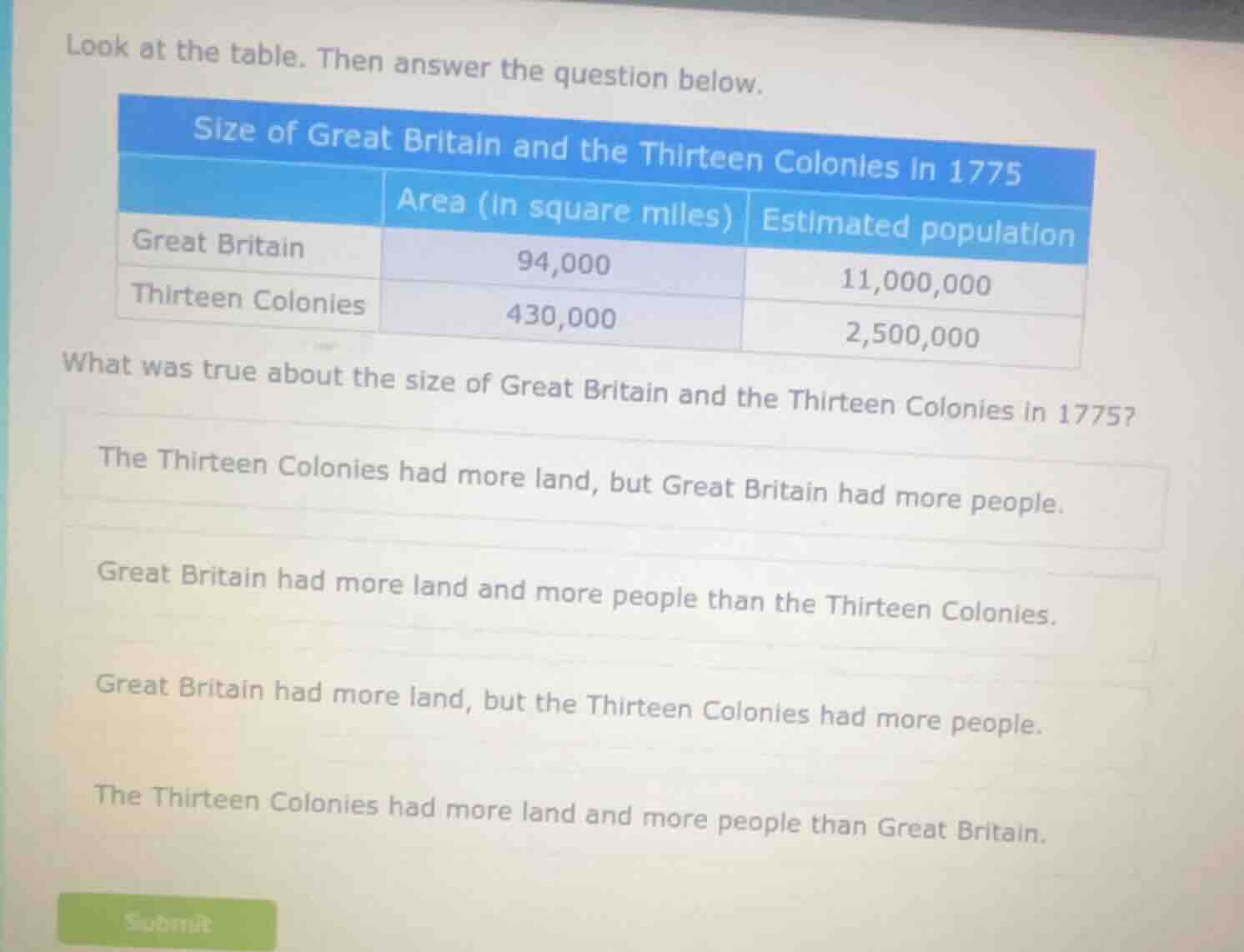 look at the table. then answer the question below. size of great britai…