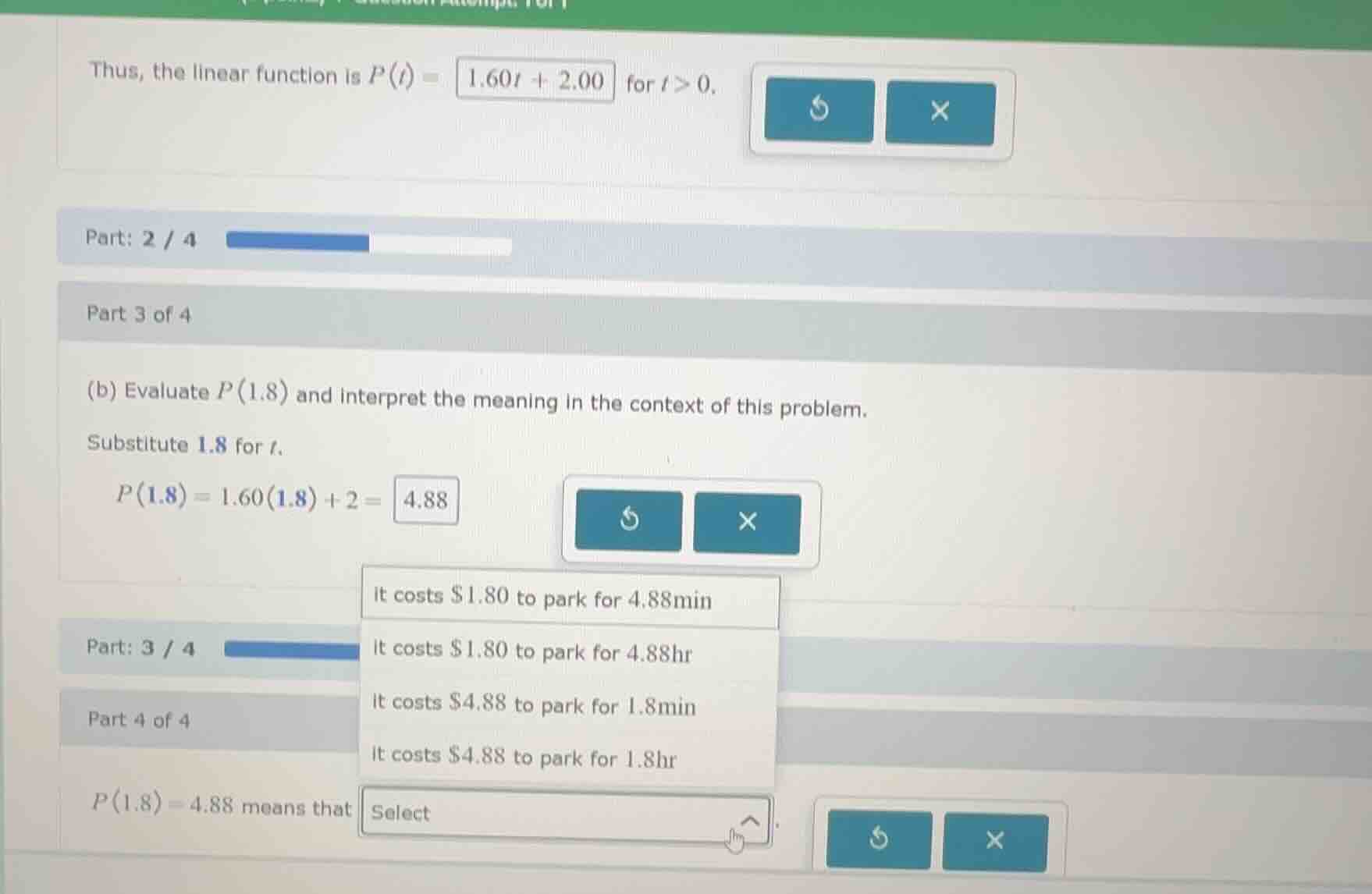 thus, the linear function is $p(t) = 1.60t + 2.00$ for $t > 0$. part: 2…
