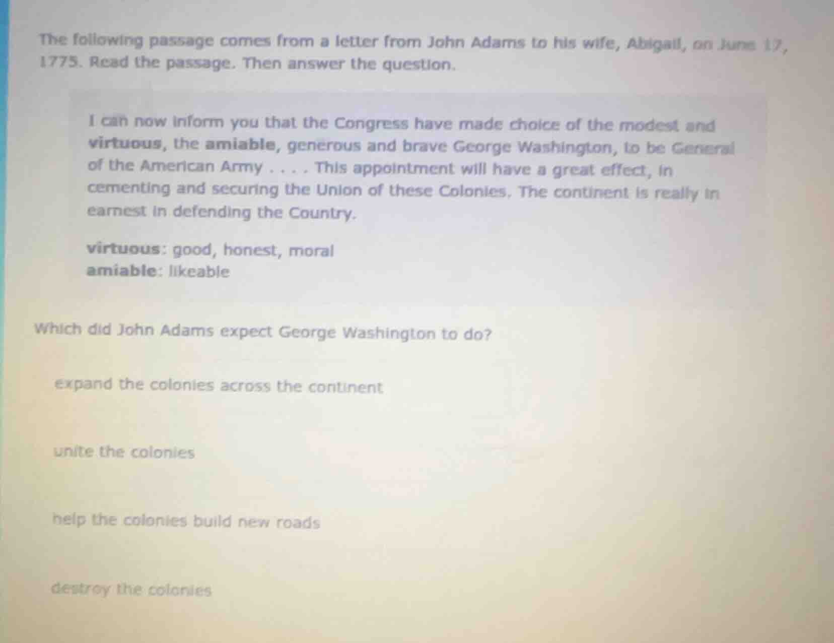 the following passage comes from a letter from john adams to his wife, …