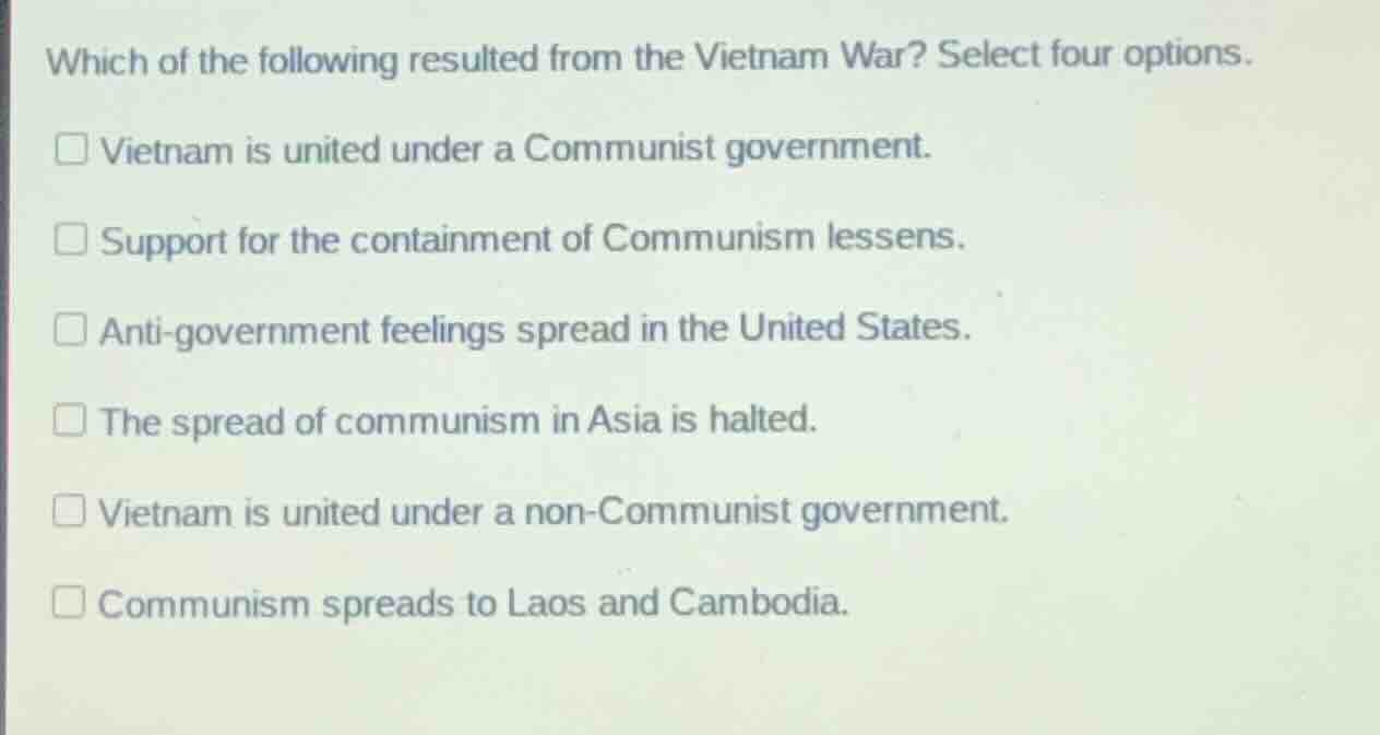 which of the following resulted from the vietnam war? select four optio…
