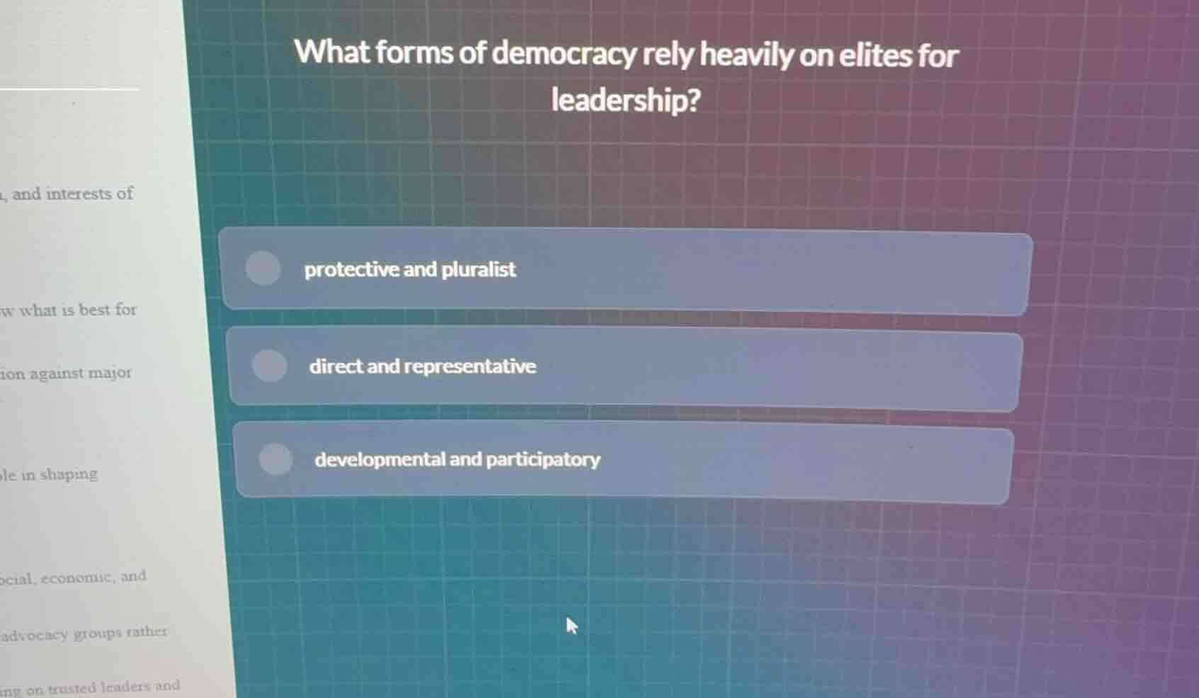 what forms of democracy rely heavily on elites for leadership? protecti…