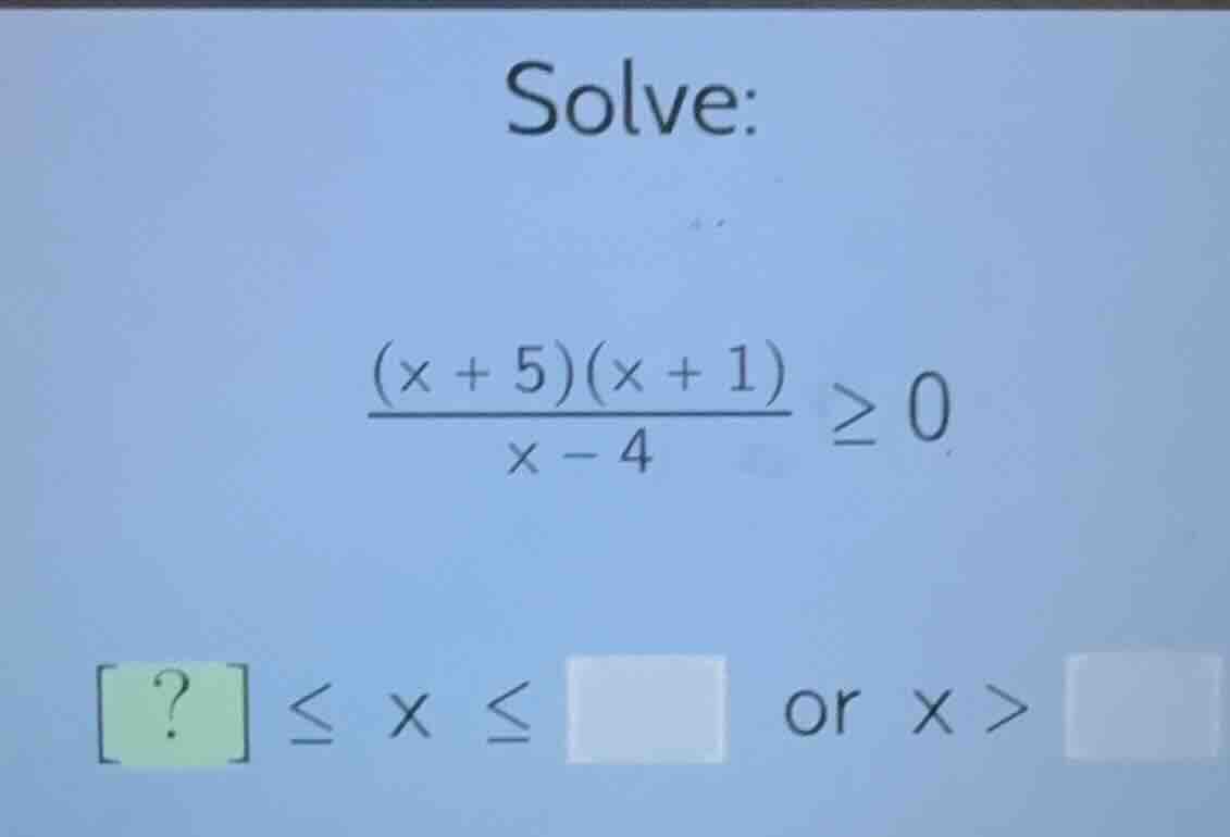 solve: \\frac{(x + 5)(x + 1)}{x - 4} \\geq 0 ? \\leq x \\leq or x >