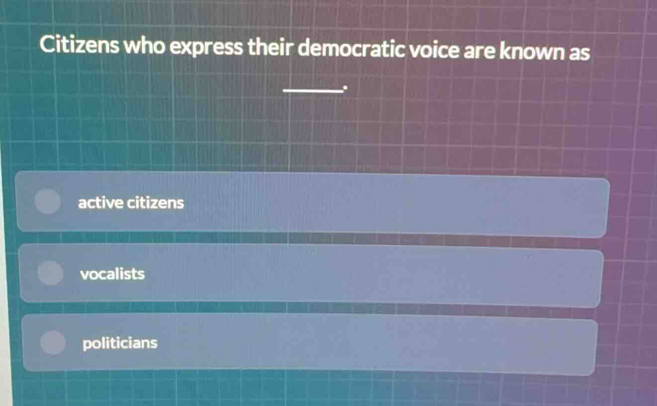 citizens who express their democratic voice are known as ______. active…