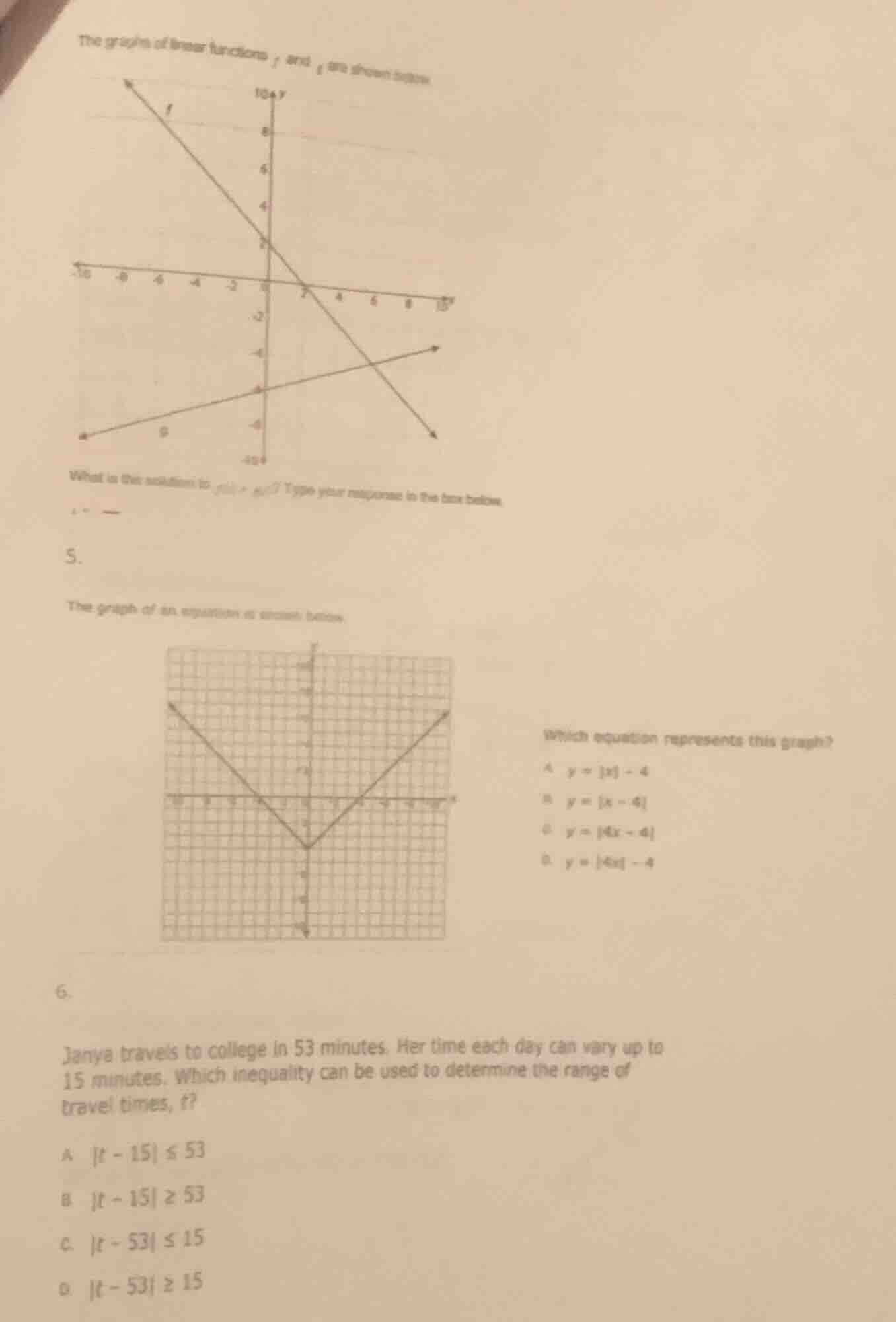 the graphs of linear functions f and g are shown below what is the solu…