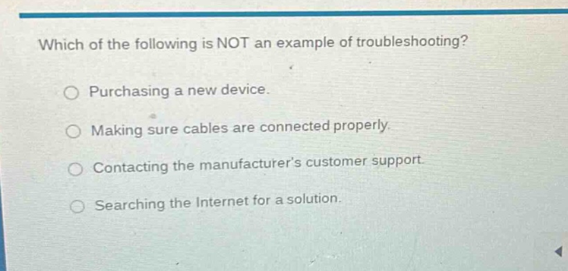 which of the following is not an example of troubleshooting? purchasing…