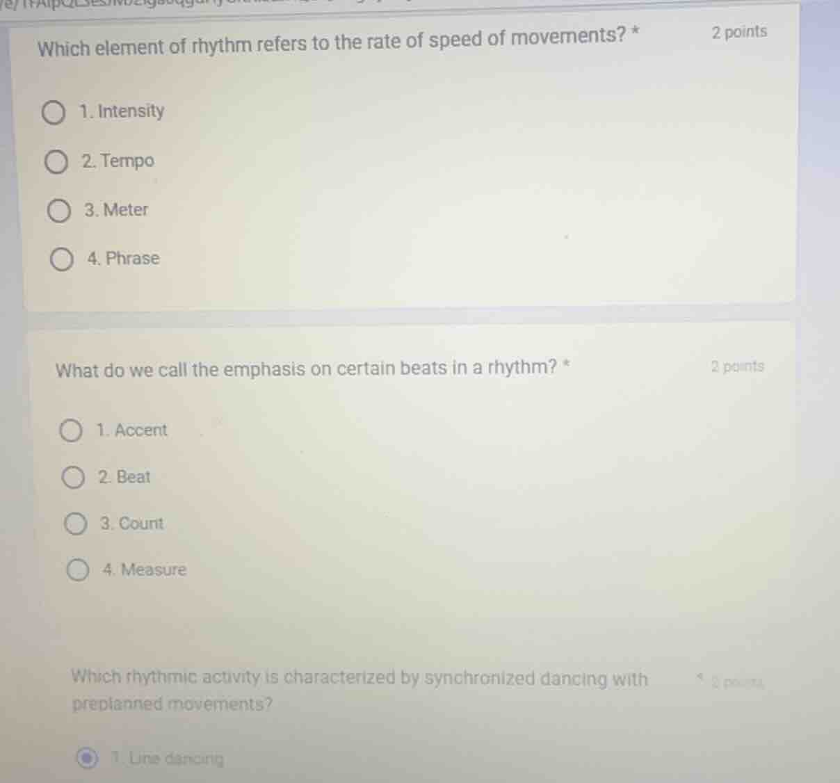 which element of rhythm refers to the rate of speed of movements? * 1. …