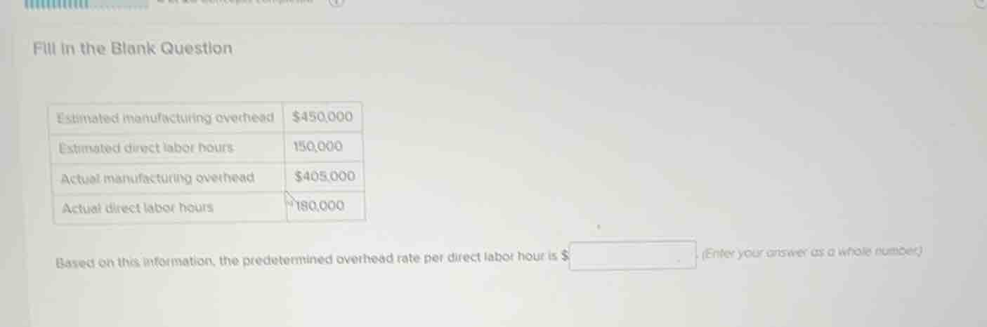 fill in the blank question estimated manufacturing overhead $450,000 es…