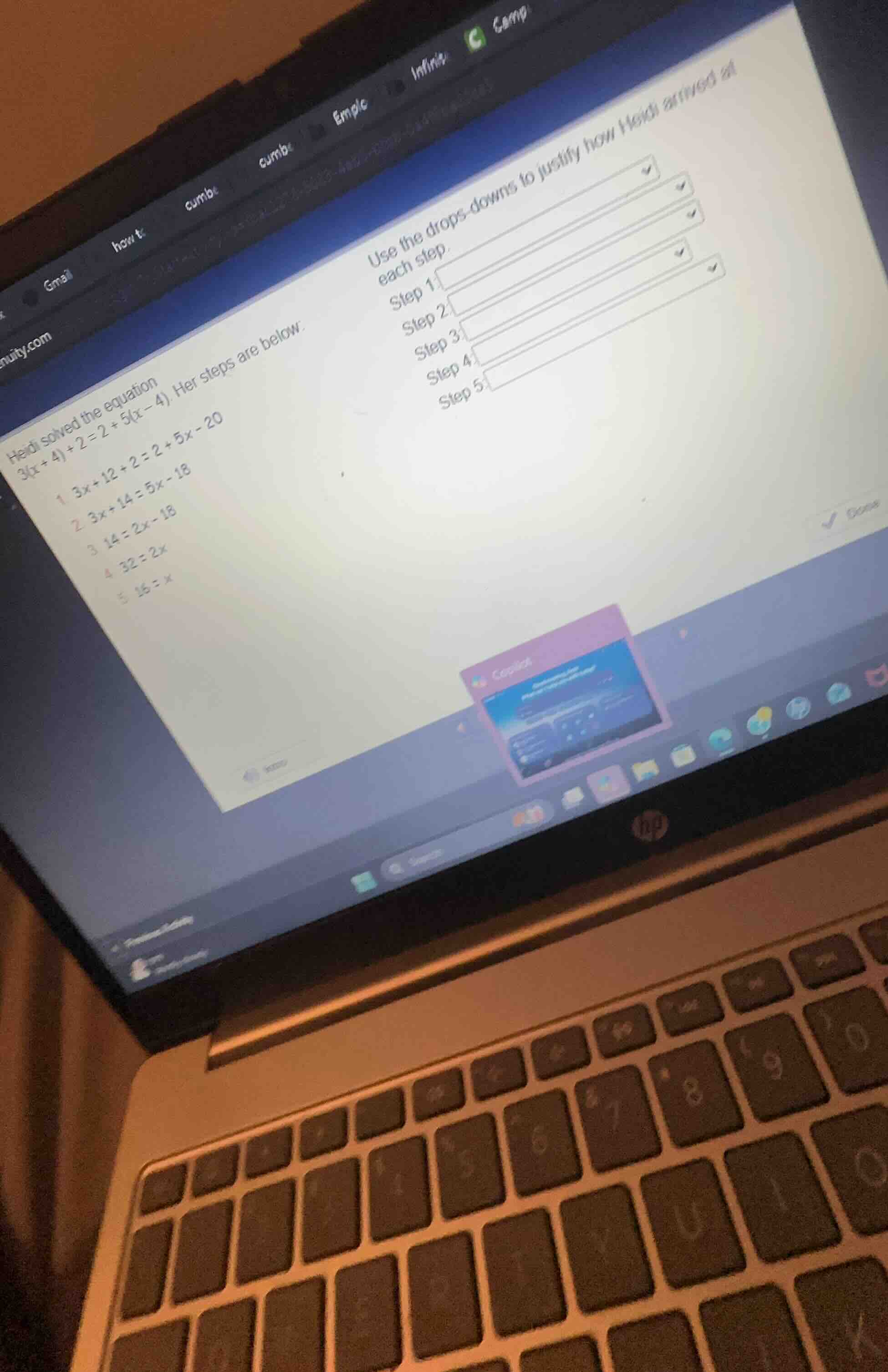 heidi solved the equation 3(x + 4) + 2 = 2 + 5(x - 4). her steps are be…