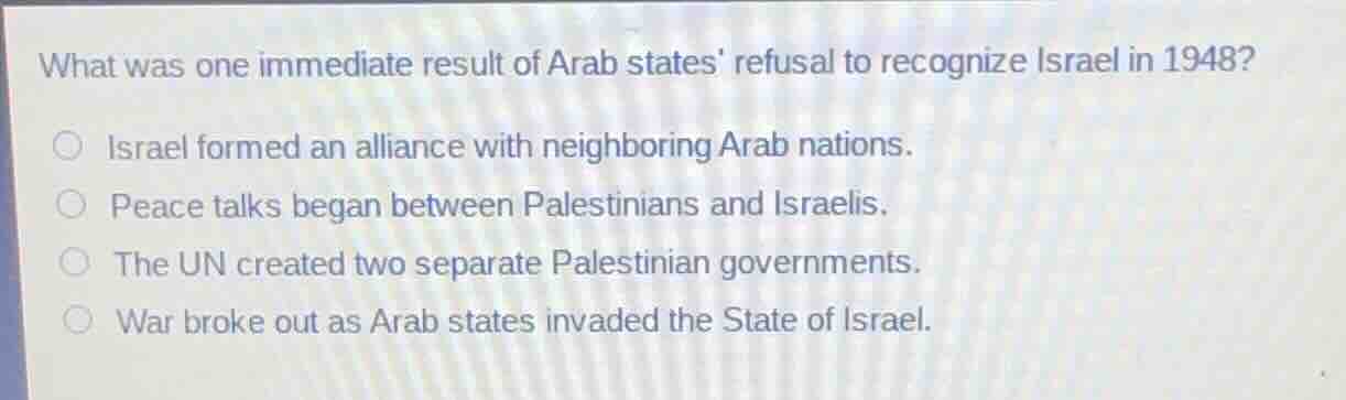 what was one immediate result of arab states refusal to recognize israe…
