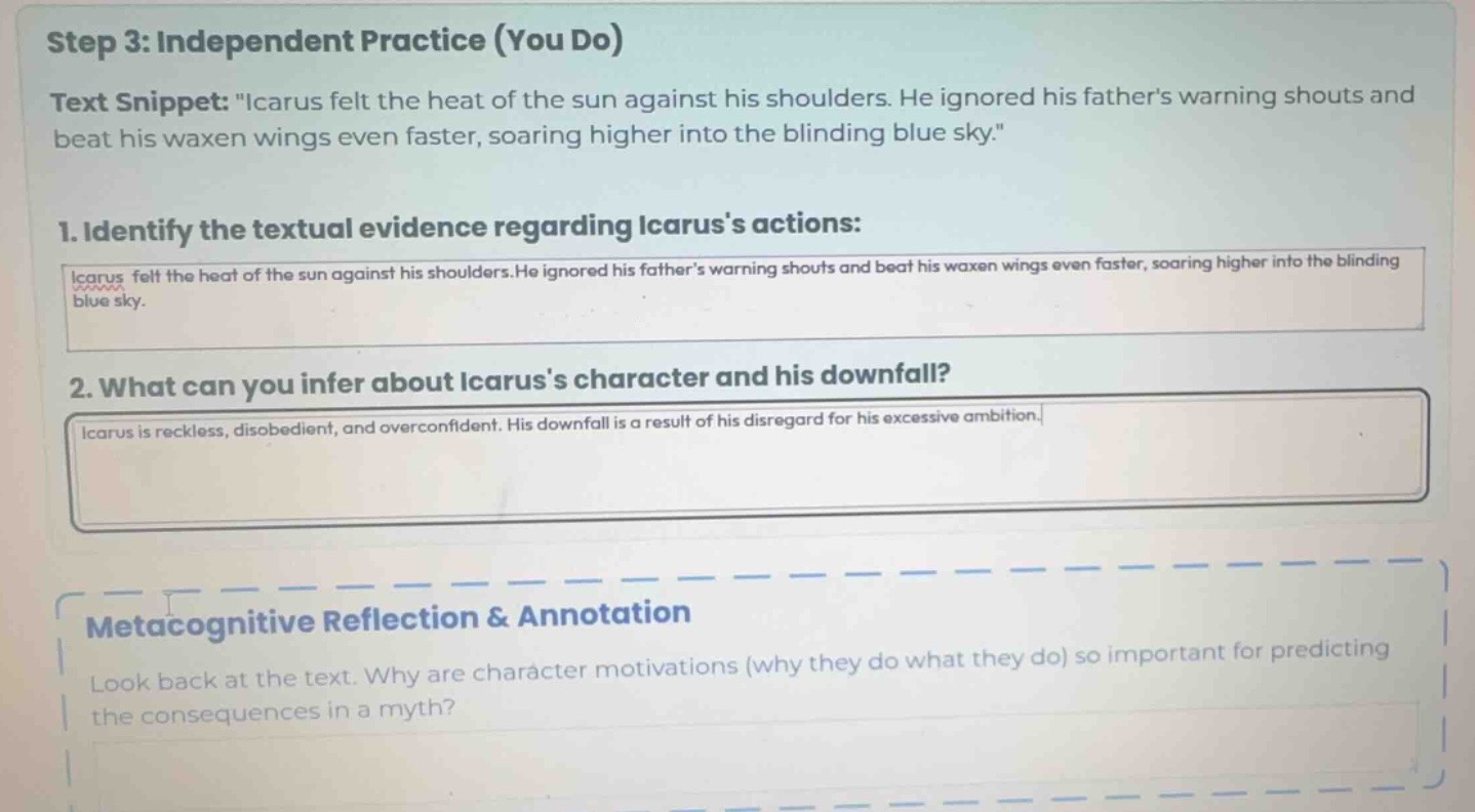 step 3: independent practice (you do) text snippet: \icarus felt the he…