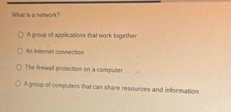 what is a network? ○ a group of applications that work together ○ an in…