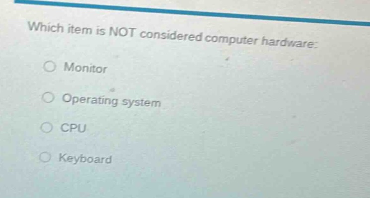 which item is not considered computer hardware: monitor operating syste…