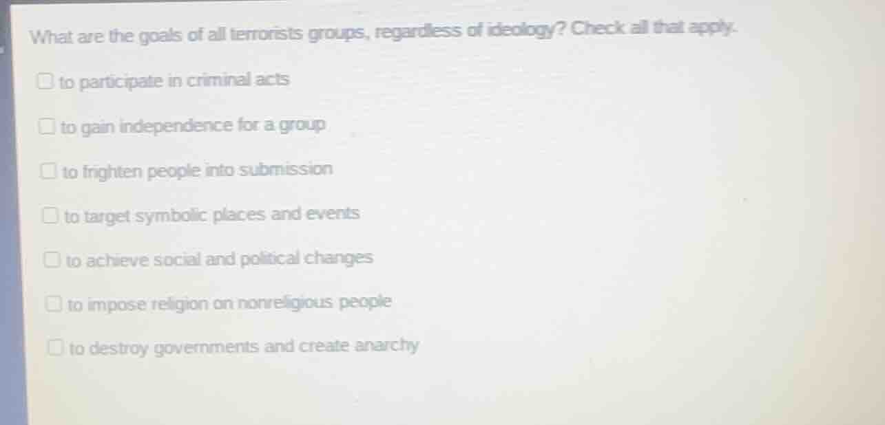 what are the goals of all terrorists groups, regardless of ideology? ch…