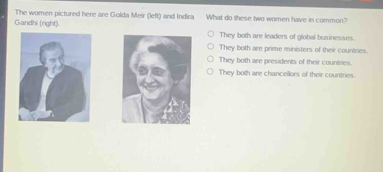 the women pictured here are golda meir (left) and indira gandhi (right)…