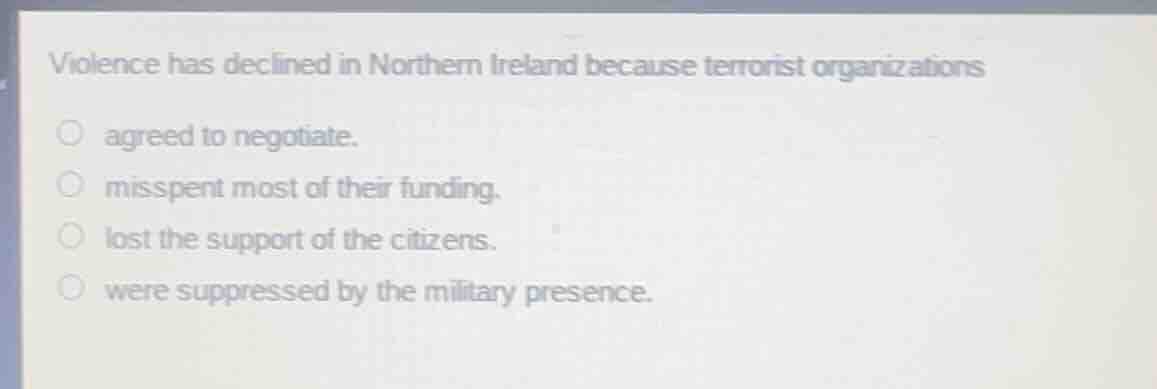 violence has declined in northern ireland because terrorist organizatio…