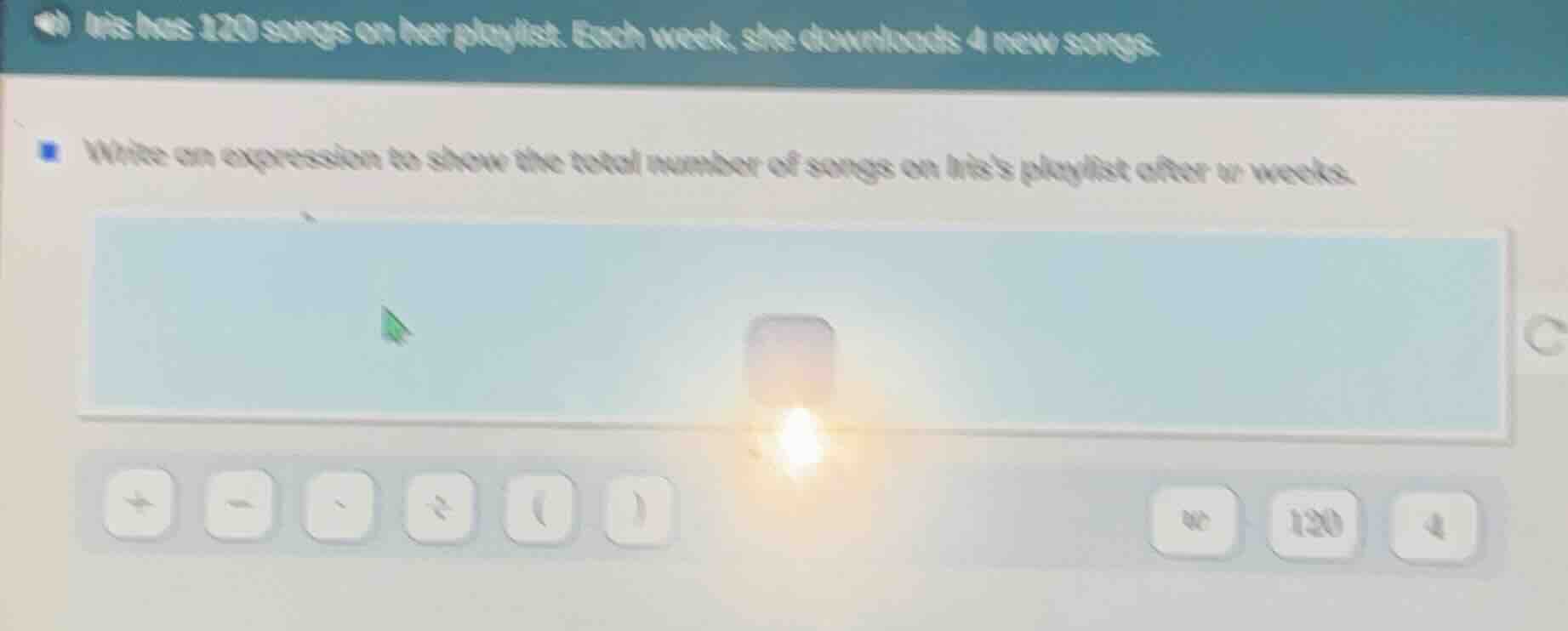 iris has 120 songs on her playlist. each week, she downloads 4 new song…