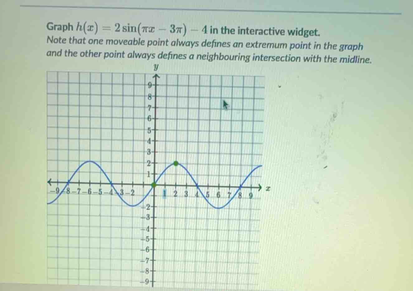 graph $h(x) = 2\\sin(\\pi x - 3\\pi) - 4$ in the interactive widget. no…