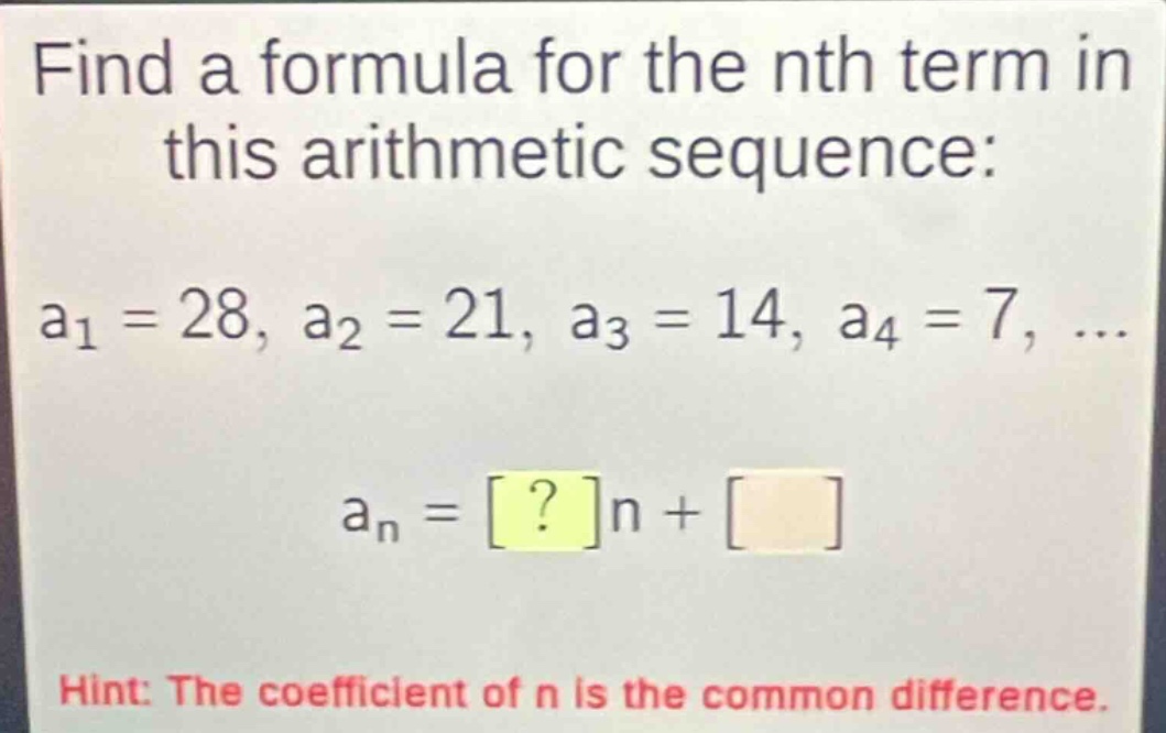 find a formula for the nth term in this arithmetic sequence: a₁ = 28, a…